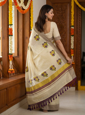 Tissue Cream Yellow Purple Floral Print with Silver Border Onam Special Kerala Saree