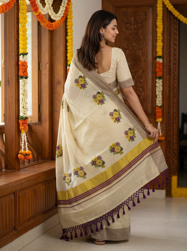 Tissue Cream Yellow Purple Floral Print with Silver Border Onam Special Kerala Saree