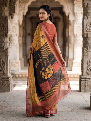 Tussar Silk Mustard and Maroon Saree with Abstract Block Print Pallu