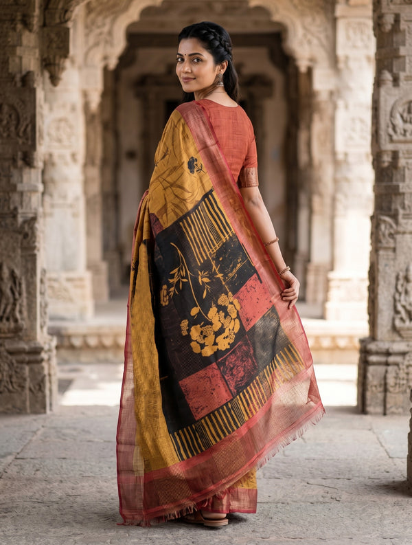 Tussar Silk Mustard and Maroon Saree with Abstract Block Print Pallu
