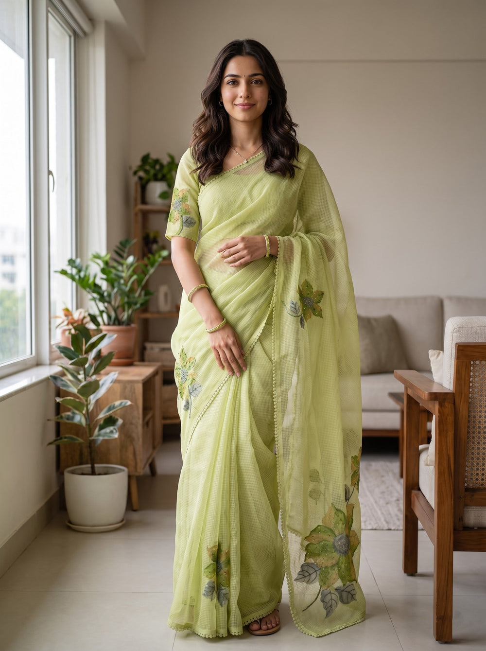 Net Kota Pista Green Saree with Beaded Floral Applique Pallu and Picot Lace Edge