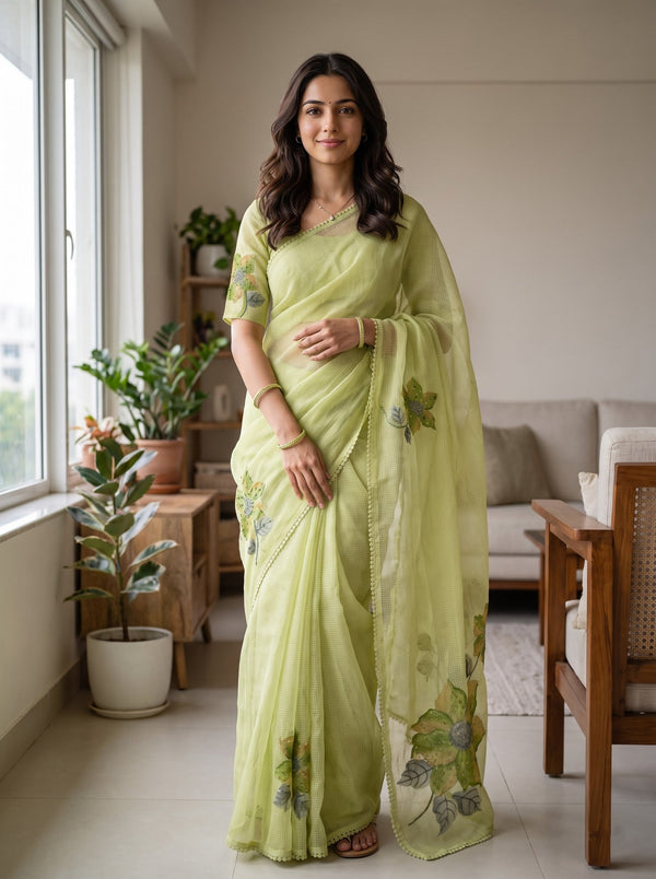 Net Kota Pista Green Saree with Beaded Floral Applique Pallu and Picot Lace Edge