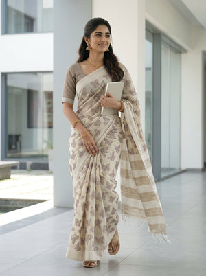 Chanderi Cotton Beige Sequined Butterfly Print Saree with Striped Pallu