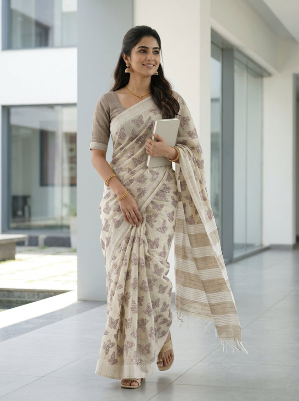Chanderi Cotton Beige Sequined Butterfly Print Saree with Striped Pallu
