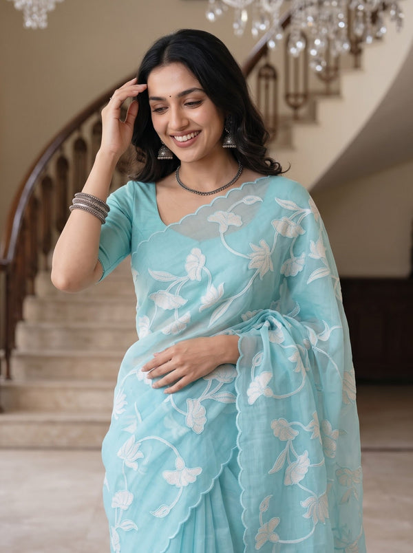 Organza Turquoise Saree White Lotus Applique Design