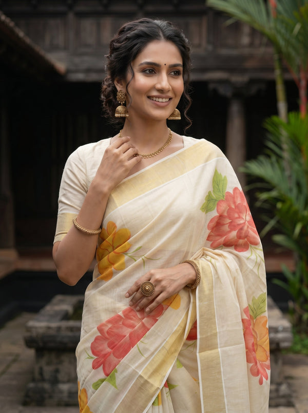 Tissue Silk Cream Pink-Yellow Floral Print Set Saree
