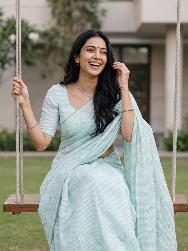 Mul Chanderi Mint Green White Striped Allover Floral Vine Embroidered Cutwork Daisy Saree
