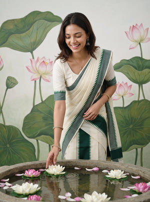A woman wearing a cream and dark green saree stands beside a stone basin filled with lotus flowers, with a painted lotus mural in the background.