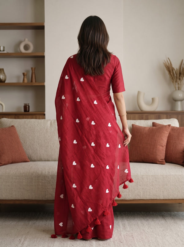 Mul Chanderi Red Saree with White Heart Print and Tassels