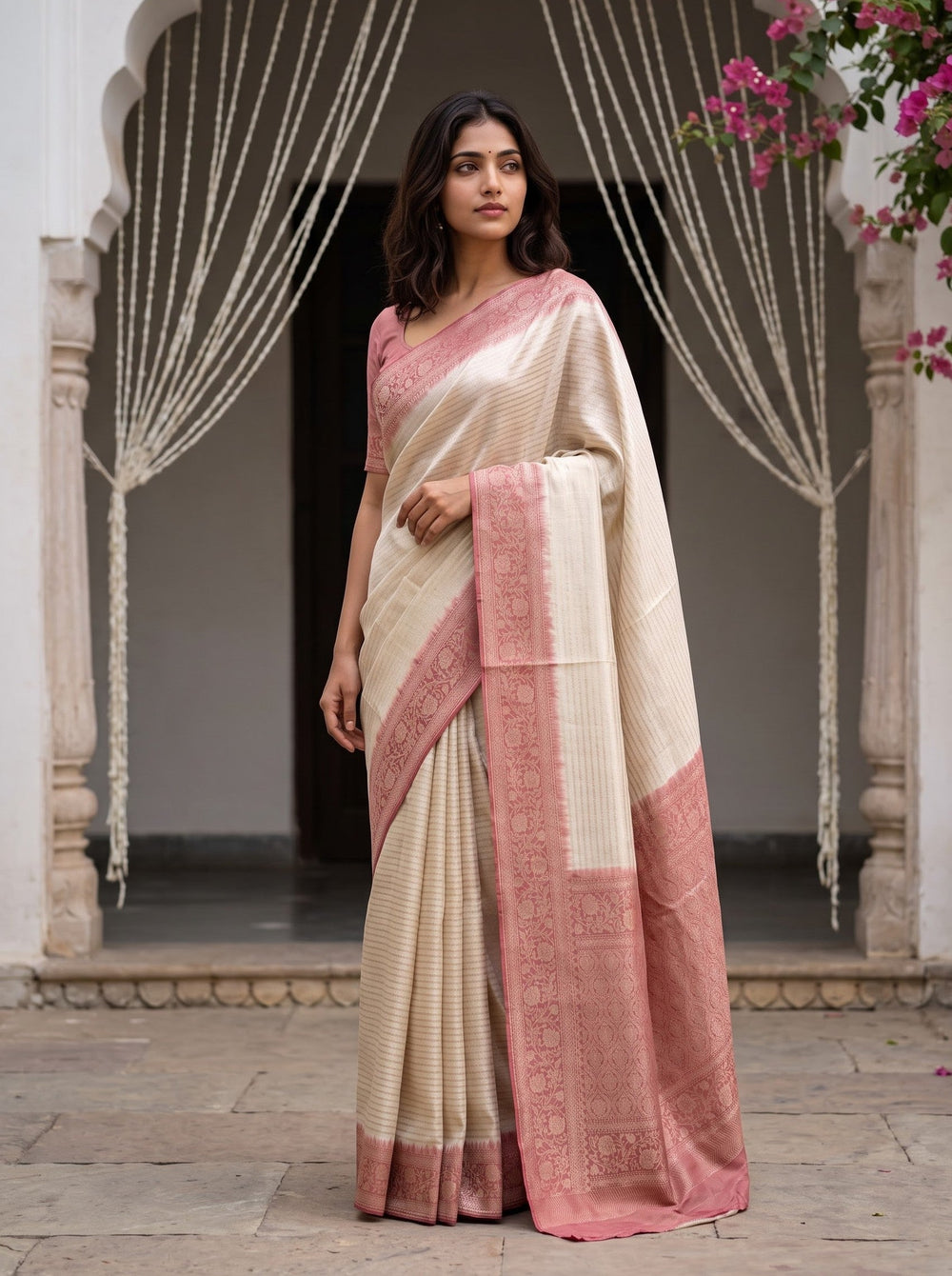 Banarasi Brocade Silk Saree in Cream with Rose Pink Floral Pallu