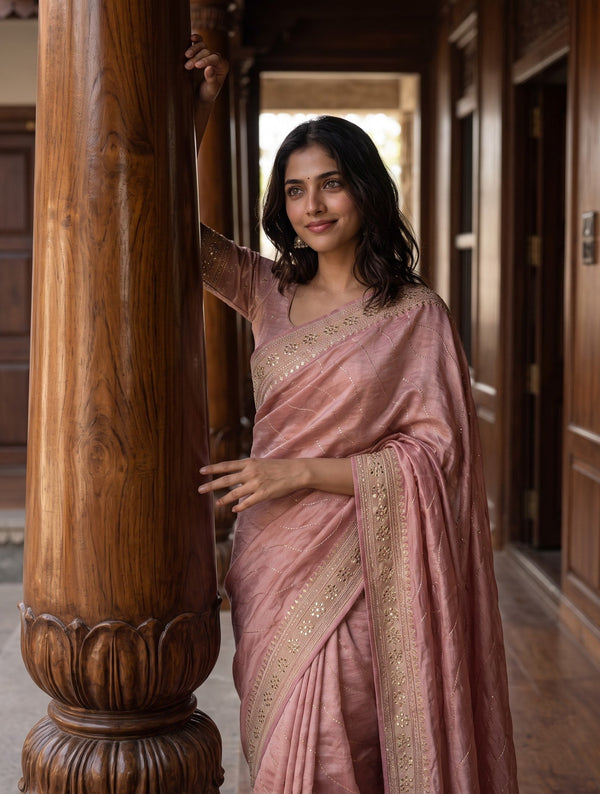 Banarasi Dusty Pink Stone Work Paisley Pallu Saree