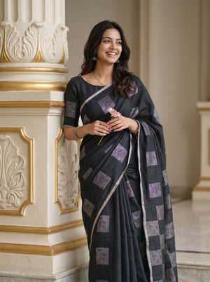 Matka Silk Black Silver Checkerboard Spiral Saree with Tassels