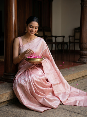 Kanjivaram Tissue Silk Peach Pink Saree with All-Over Floral Jaal Weave & Wide Border