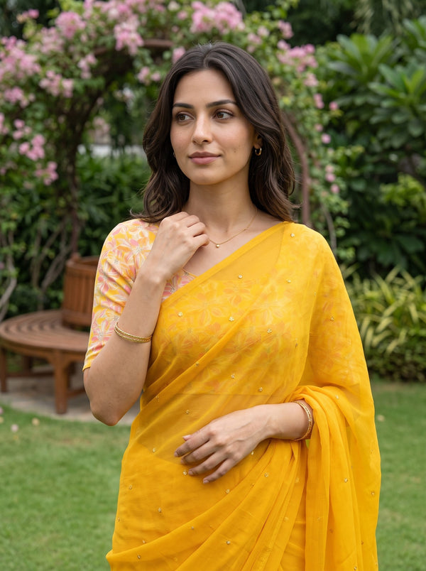 Chiffon Yellow Saree with Sequin Dots and Pink Tassels