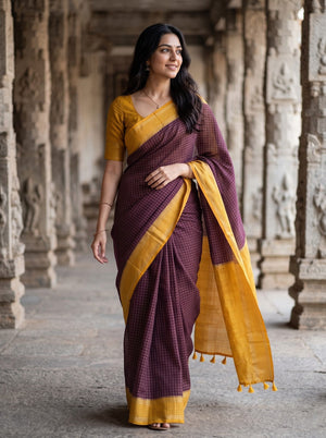 Semi Silk Purple Checkered Saree with Mustard Yellow Pallu