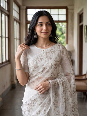 Net Kota Off-White Saree with Taupe Floral Vine Design