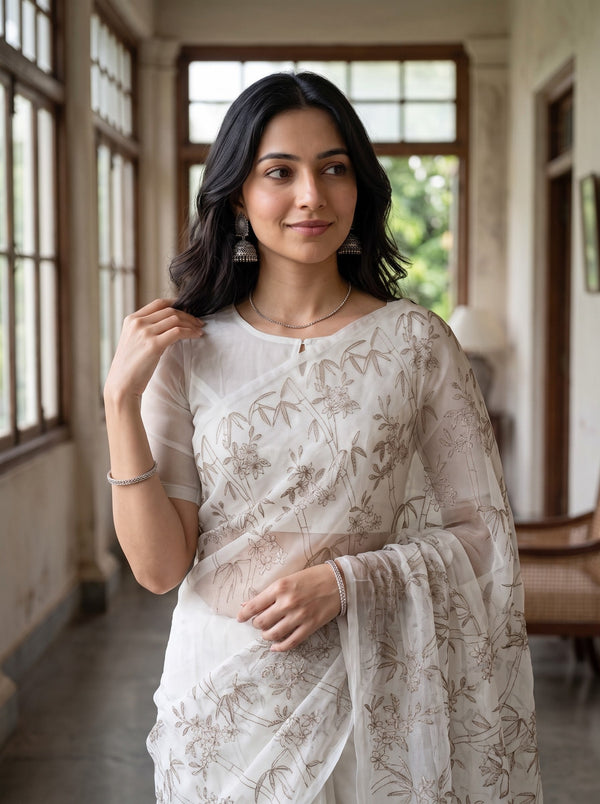 Net Kota Off-White Saree with Taupe Floral Vine Design