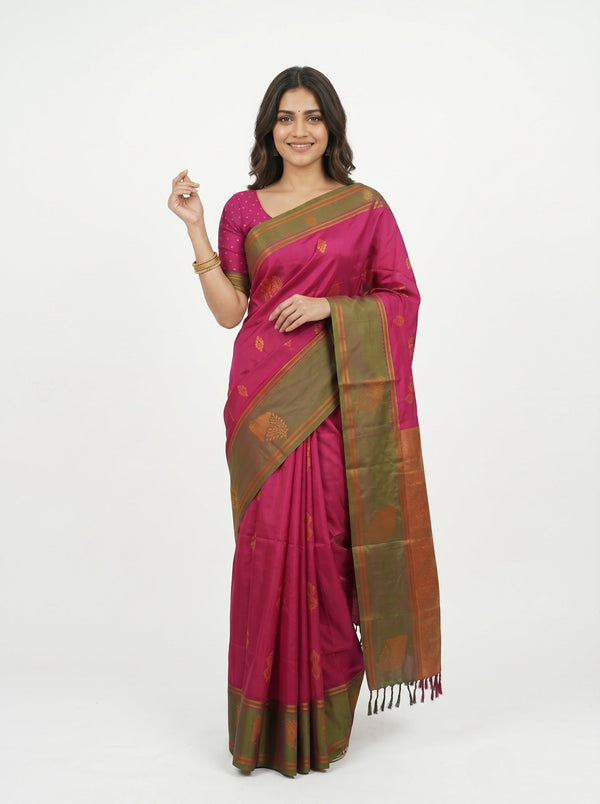 Semi Silk Deep Pink Butti Design Saree