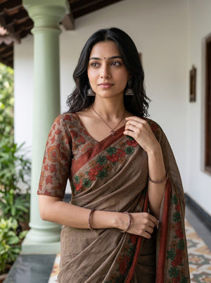 Cotton Khaki Brown Saree with Rust Floral Mural Print