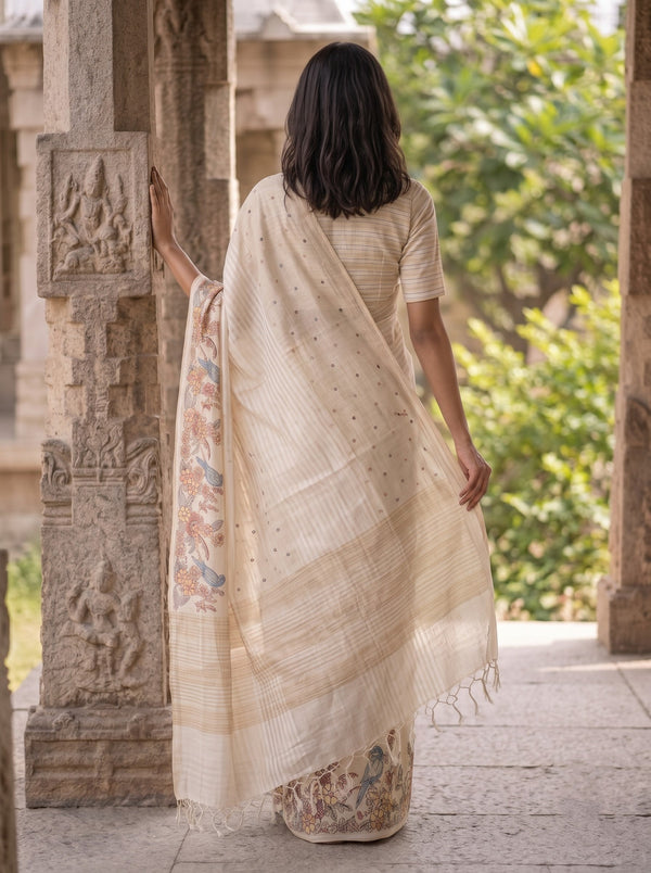 Linen Saree in Off-White with Bird Floral Embroidered Pallu