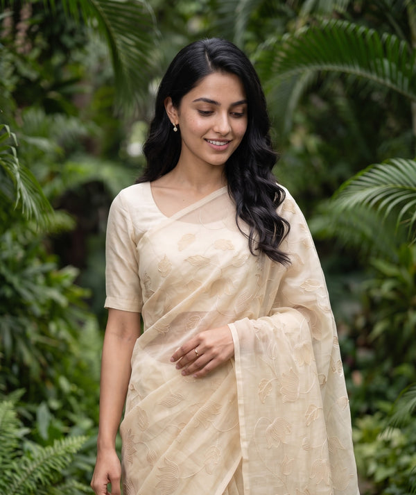 Mul Chanderi Beige Saree with Embroidered Lotus Vine Print