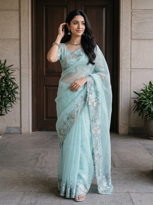 Organza Aqua Blue Zari Floral Embroidered Border Saree