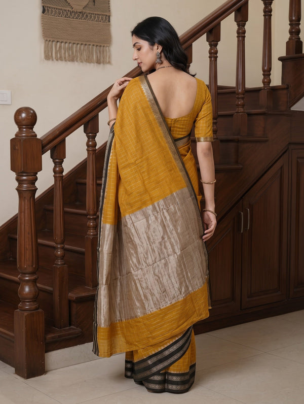 Cotton Silk Mustard Yellow Golden Zari Pallu Saree