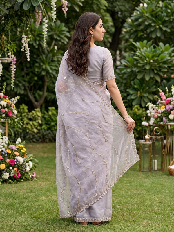 Organza Lilac Grey Bead Sequin Wave Stripe Floral Embroidered Saree