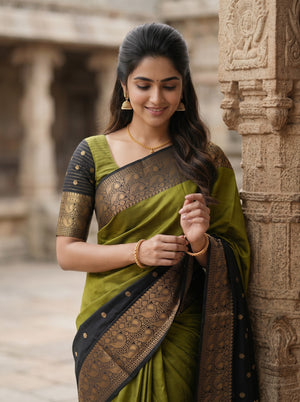 Semi Silk Olive Green Black Half and Half Golden Zari Saree with Tasseled Pallu