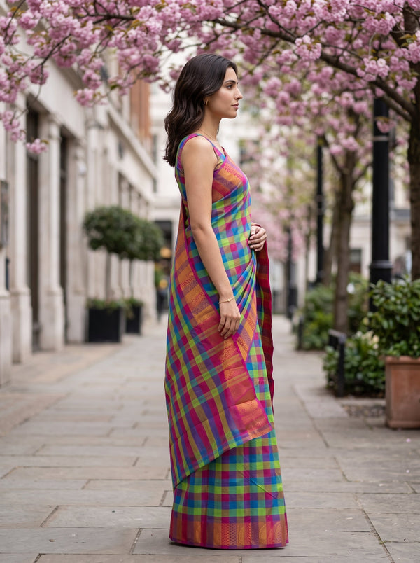 Cotton Multicolor Madras Kattam Saree with Gold Peacock Border