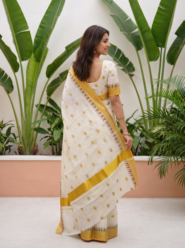 Cotton Off-White Gold Coin Butta Onam Special Kerala Saree