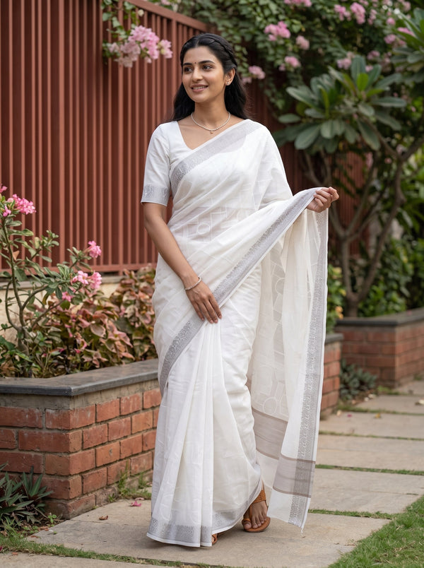 Cotton Off-White Self-Tone Geometric Weave Saree with Beige Jacquard Border