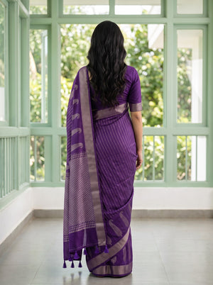 Semi Tussar Silk Purple Silver Zari Feather Motif Saree