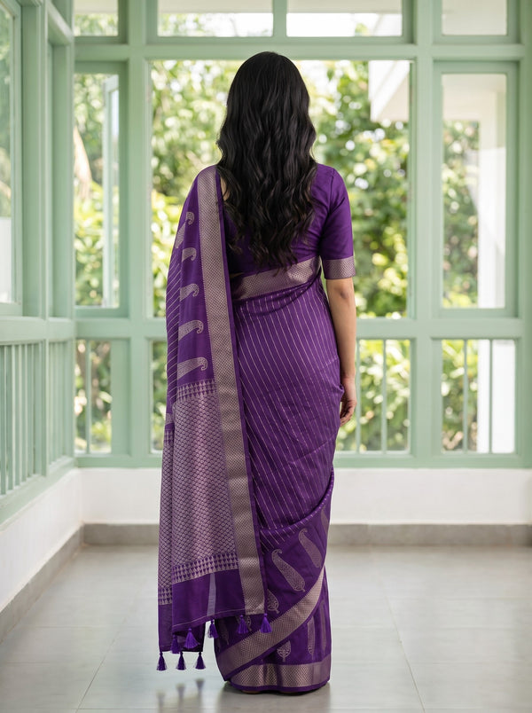 Semi Tussar Silk Purple Silver Zari Feather Motif Saree