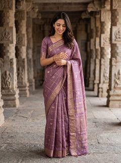 Semi Silk Mauve Checkered Paisley Saree