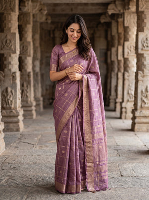 Semi Silk Mauve Checkered Paisley Saree