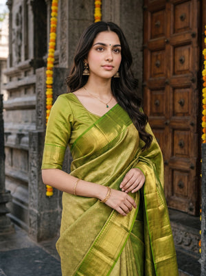 Brocade Silk Olive Green Saree with Golden Zari Brocade Pallu and Wide Border