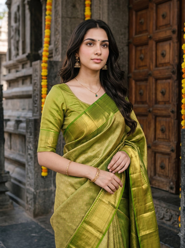 Brocade Silk Olive Green Saree with Golden Zari Brocade Pallu and Wide Border
