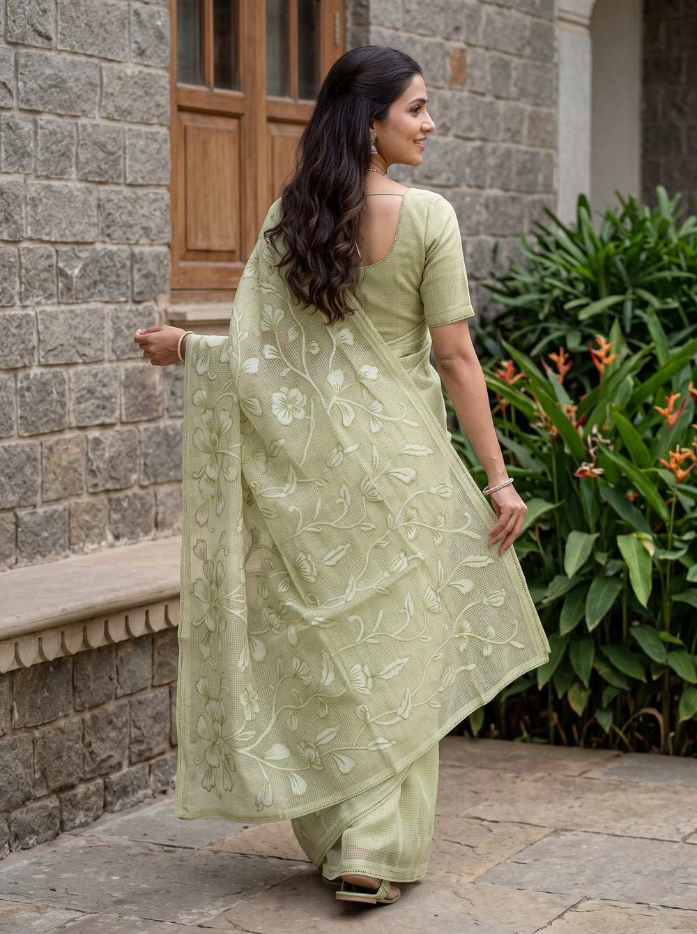 Net Kota Olive Green Self-Tone Floral Vine Saree