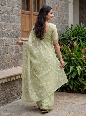 Net Kota Olive Green Self-Tone Floral Vine Saree