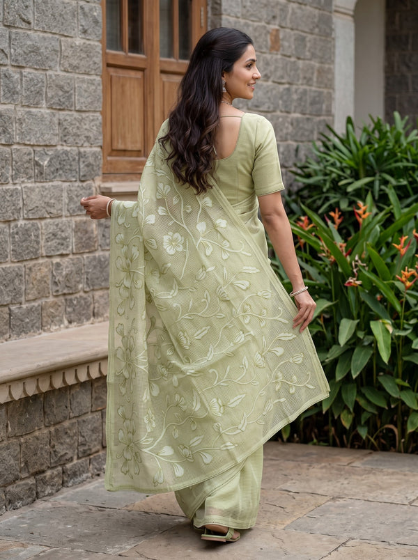 Net Kota Olive Green Self-Tone Floral Vine Saree