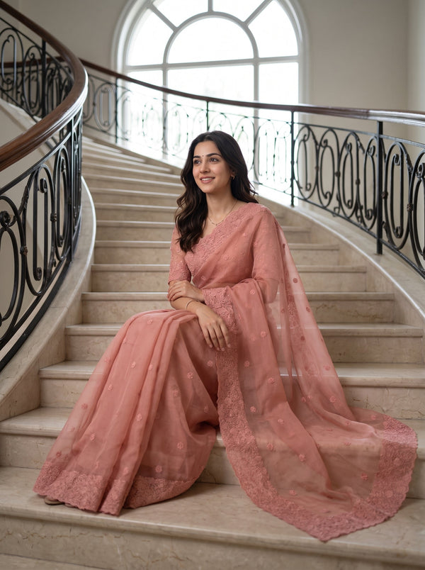 Organza Dusty Pink Self-Tone Floral Scalloped Lace Border Saree