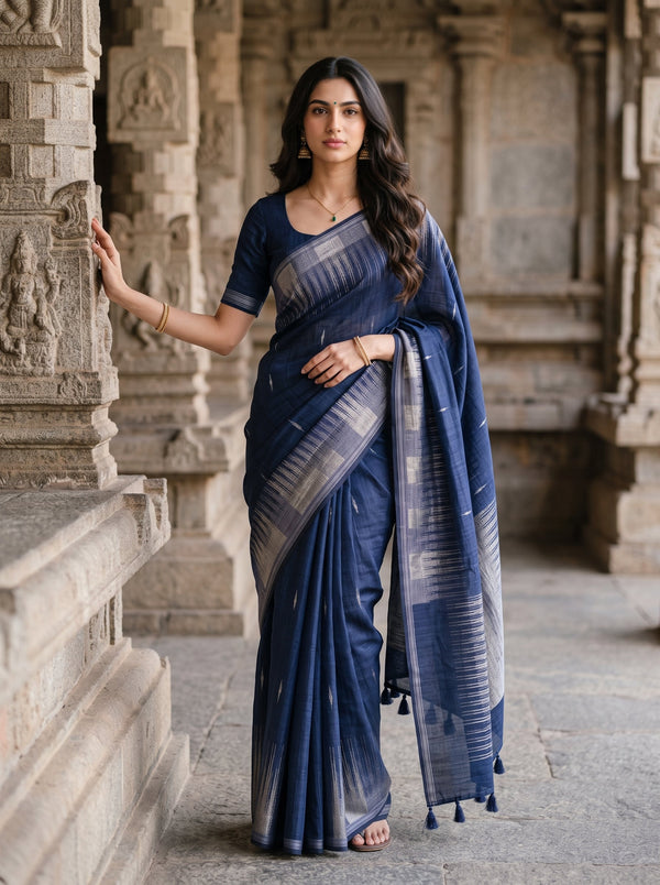 Matka Silk Navy Blue Zari Border Ikat Saree