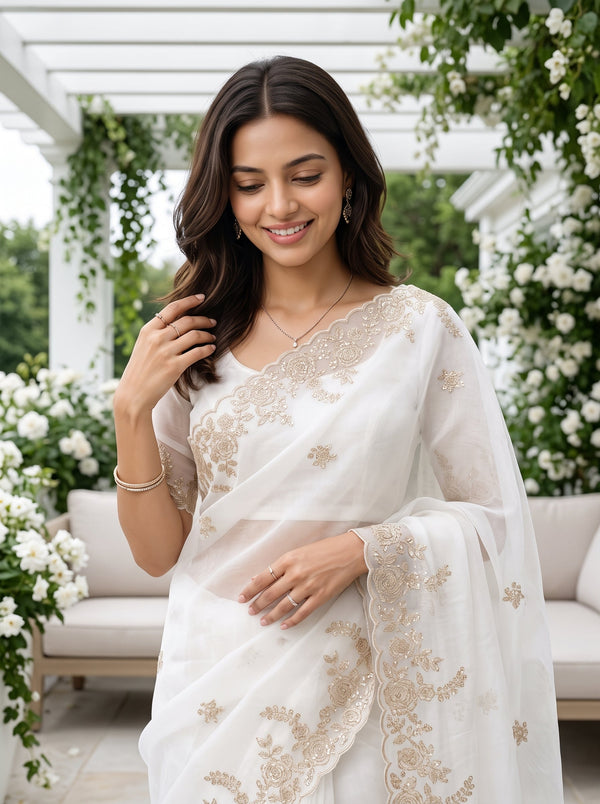 Organza Off-White Self-Tone Floral Rose Embroidered Scalloped Border Saree