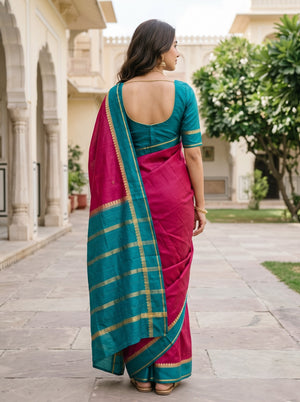 Pure Mysore Silk Rani Pink Saree with Contrast Teal Pallu and Zari Mango Border