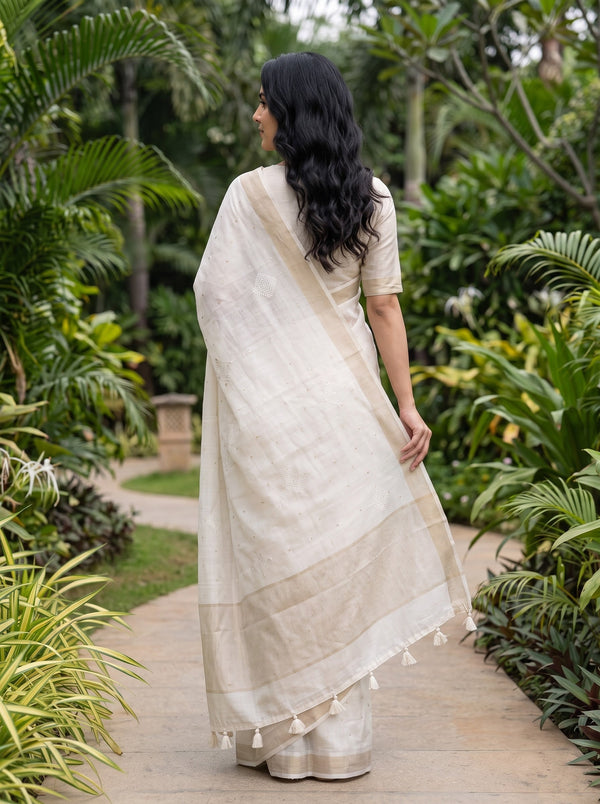 Semi Tussar Cream Geometric Pattern Saree with Striped Border and Tassels