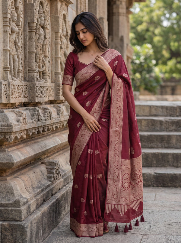 Banarasi Saree in Maroon with Golden Floral Arch Pallu Design