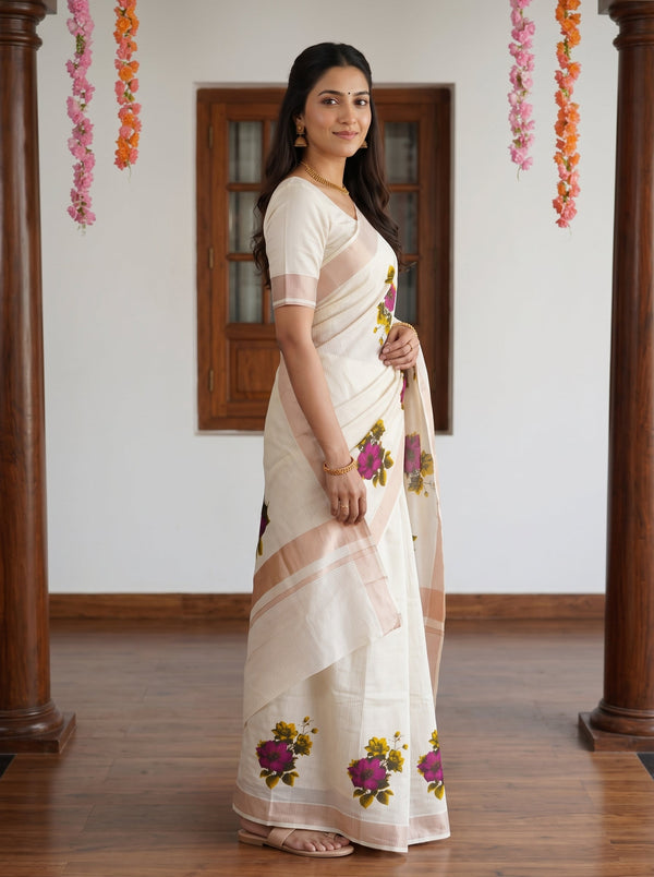 Cotton Cream Floral Bunch Print Onam Special Kerala Saree