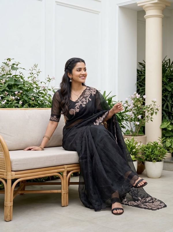 Organza Black Zari Floral Vine Applique Embroidered Pallu Saree