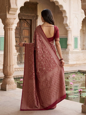 Banarasi Saree in Maroon with Golden Floral Jaal Pallu